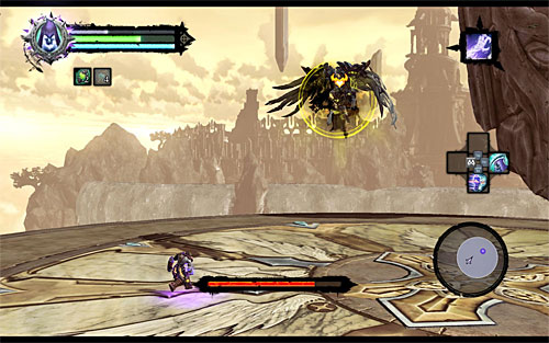 Keep hitting the Archon until he loses enough health points to prompt him to start flying over the arena (the above screen), rendering himself invulnerable to your standard attacks - Boss 18 - Archon - Stains of Heresy - Darksiders II - Game Guide and Walkthrough