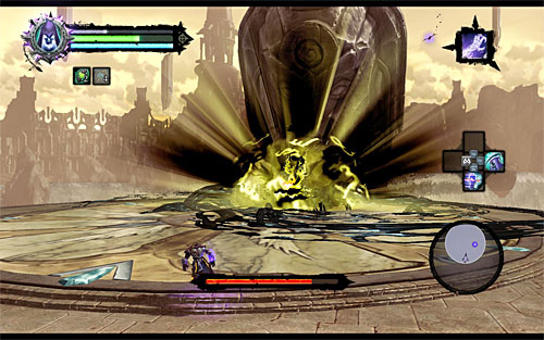 This is another stage of the battle in which you need to keep an eye on two different types of the Archon's moves, which are: a pound on the ground (screenshot 1) and throwing boulders (screenshot 2) - Boss 18 - Archon - Stains of Heresy - Darksiders II - Game Guide and Walkthrough