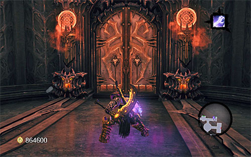 When the fighting is over, look around the area for loot dropped by enemies; you'll also notice that the only available passageway is a door in the south-eastern part of the chamber (the above screen) - Find Samael - beginning - The Lord of the Black Stone - Darksiders II - Game Guide and Walkthrough