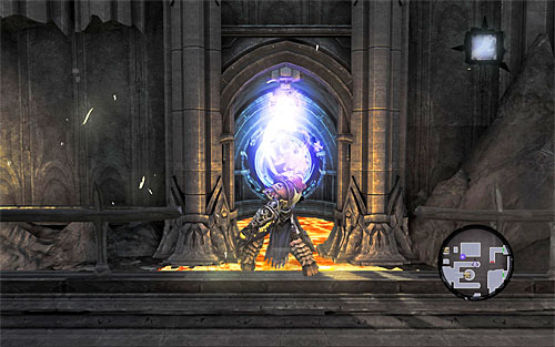 Stand in front of the first portal and use Death Grip on the handhold there - this way you'll jump into the portal without harm and be transported into a new place - Find Samael - western part of the Black Stone - The Lord of the Black Stone - Darksiders II - Game Guide and Walkthrough
