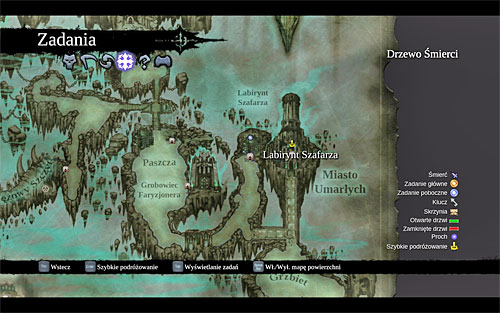 Naturally, begin by planning the journey to the [Soul Arbiter's Maze] (the above screen) from the world map; it's located in the east of the Kingdom of the Dead, in the area which neighbors with the Spine and the City of the Dead - Visit the Soul Arbiter's Maze - The Chancellor's Quarry - Darksiders II - Game Guide and Walkthrough