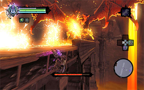 The key to winning this encounter is to switch between attacking (screenshot 1) and hanging onto the side edges of the bridge (screenshot 2) - The Nook - The lower levels of the dungeon - Additional Locations - Darksiders II - Game Guide and Walkthrough