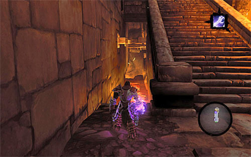 Go down the stairs, but don't leave the room yet - make a turn where the screenshot shows and wall-run along the left wall, grabbing onto interactive handholds and landing on a ledge at the end - The Scar - Exploring the first part of the dungeon - Additional Locations - Darksiders II - Game Guide and Walkthrough