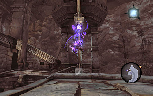 Since you can't enter the dungeon by taking the stairs, locate interactive edges, climb to the balcony at the top and use Death Grip where shown - The Scar - Exploring the first part of the dungeon - Additional Locations - Darksiders II - Game Guide and Walkthrough