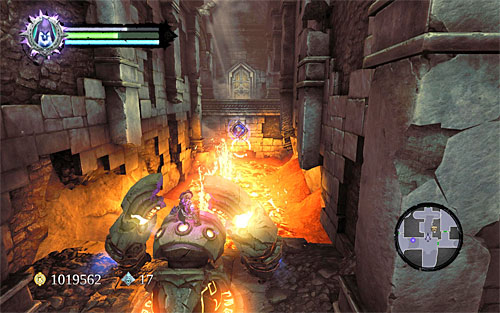 Go across the bridge, turn left and stop the golem at the hole illustrated above - The Scar - Reaching Gharn - Additional Locations - Darksiders II - Game Guide and Walkthrough
