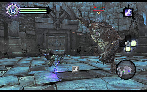 Jump down, to the lower level (you can flip the switch if you want to make sure everything's all right but it's not necessary) and get ready to go up against a Savage Stalker - Shattered Forge - Additional Locations - Darksiders II - Game Guide and Walkthrough