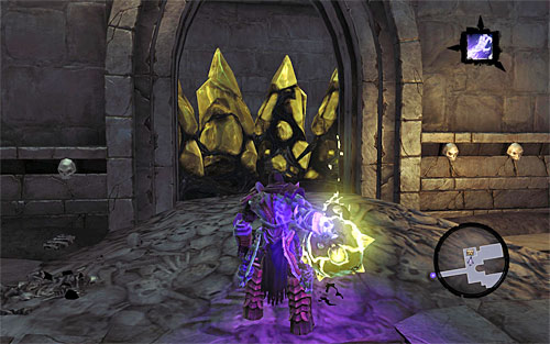 Jump down and use the shadowbomb to destroy the above yellow crystals - Sentinel's Gaze - Exploring Sentinels Gaze - Additional Locations - Darksiders II - Game Guide and Walkthrough