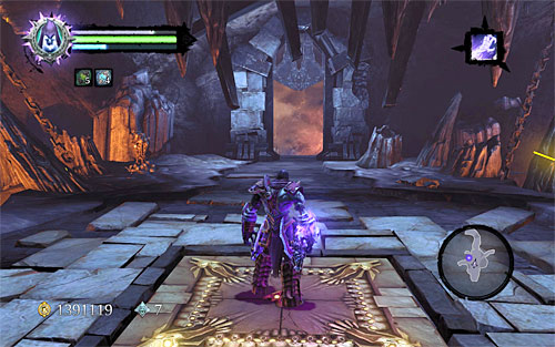 When the battle is over, stand on the above pressure plate and wait patiently until the gate outlined in the distance raises - Sentinel's Gaze - Exploring Boneriven - Additional Locations - Darksiders II - Game Guide and Walkthrough