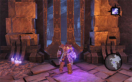Repeat the same process as in the previous areas: stand in front of the closed gate (the above screen), activate Soul Splitter and send both halves over to the nearby pressure plates - Sentinel's Gaze - Exploring Boneriven - Additional Locations - Darksiders II - Game Guide and Walkthrough