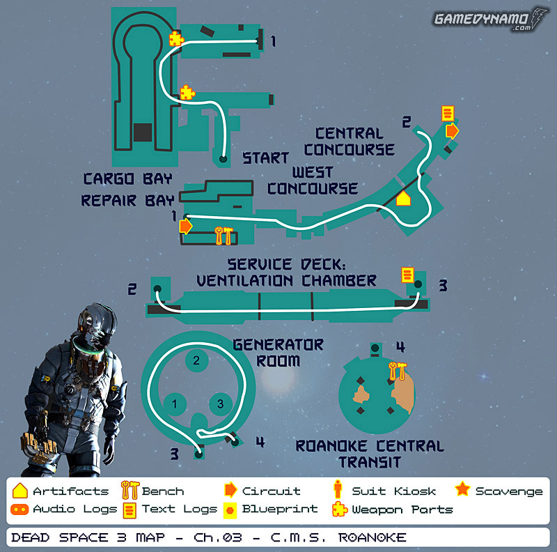 Dead Space 3 Maps: Artifacts, Text & Audio Logs, Weapon Parts, Blueprints, Circuits - Chapter 3: C.M.S. Roanoke