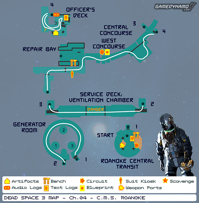 Dead Space 3 Maps: Artifacts, Text & Audio Logs, Weapon Parts, Blueprints, Circuits - Chapter 4: C.M.S. Roanoke