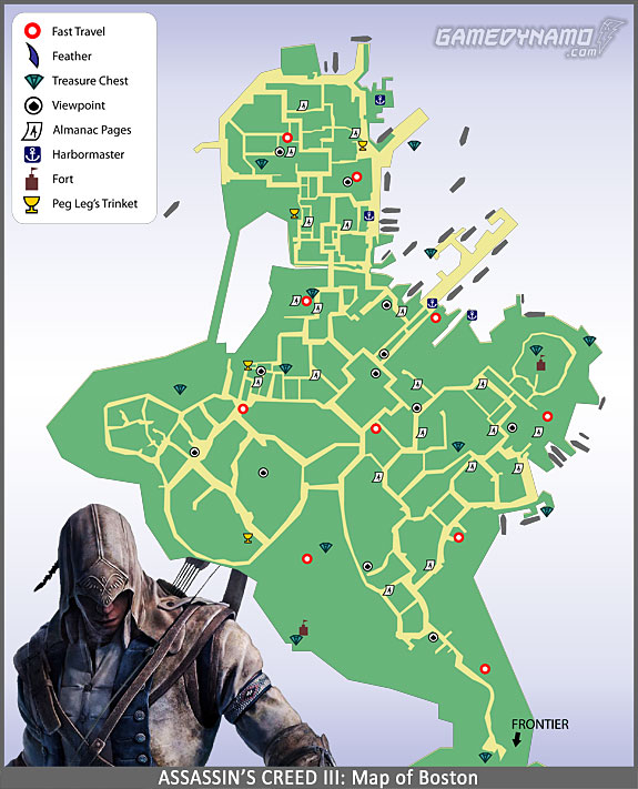 Assassin's Creed III - Boston Map - Feathers, Viewpoints, Fast Travel, Almanac Pages, Trinkets, Treasure Locations, and more