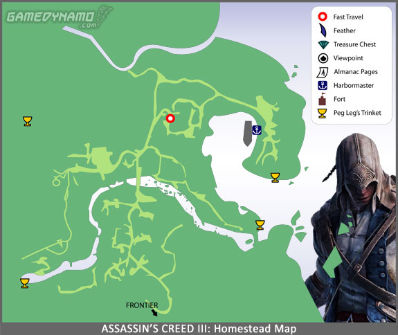 Assassin's Creed III - Homestead Map - Feathers, Viewpoints, Fast Travel, Almanac Pages, Trinkets, Treasure Locations, and more