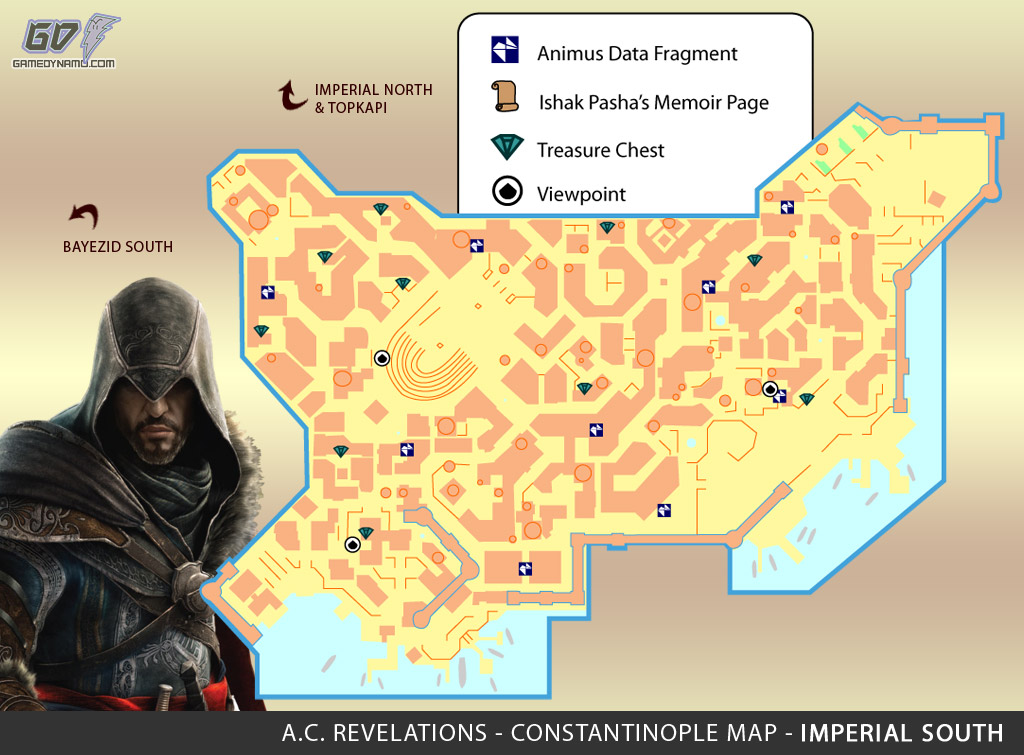 Assassin's Creed: Revelations Map (Imperial South) - Animus Data Fragments, Memoir Pages, Treasure Chest Locations