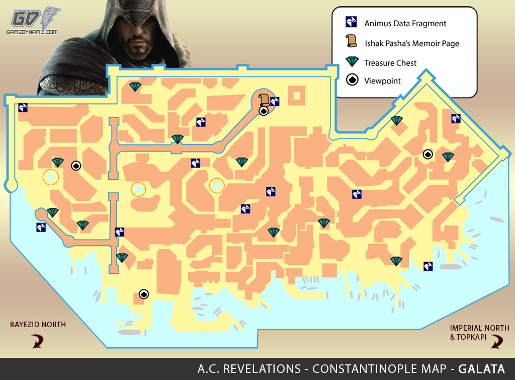 Assassin's Creed: Revelations Map (Galata) - Animus Data Fragments, Memoir Pages, Treasure Chest Locations