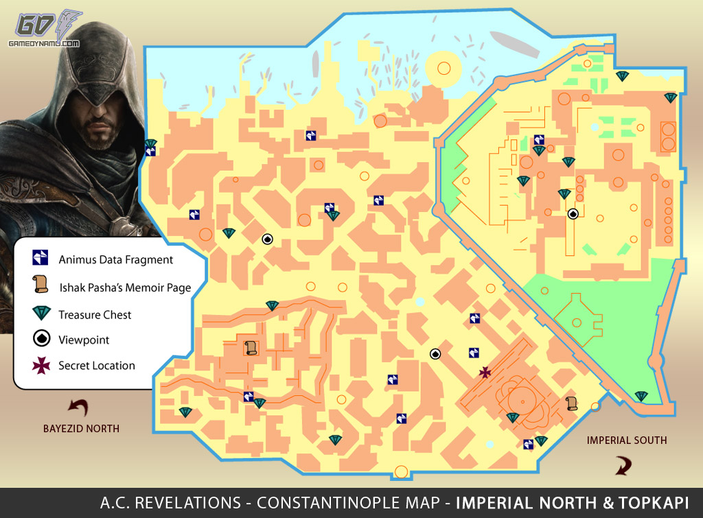 Assassin's Creed: Revelations Map (Imperial North & Topkapi) - Animus Data Fragments, Memoir Pages, Treasure Chest Locations