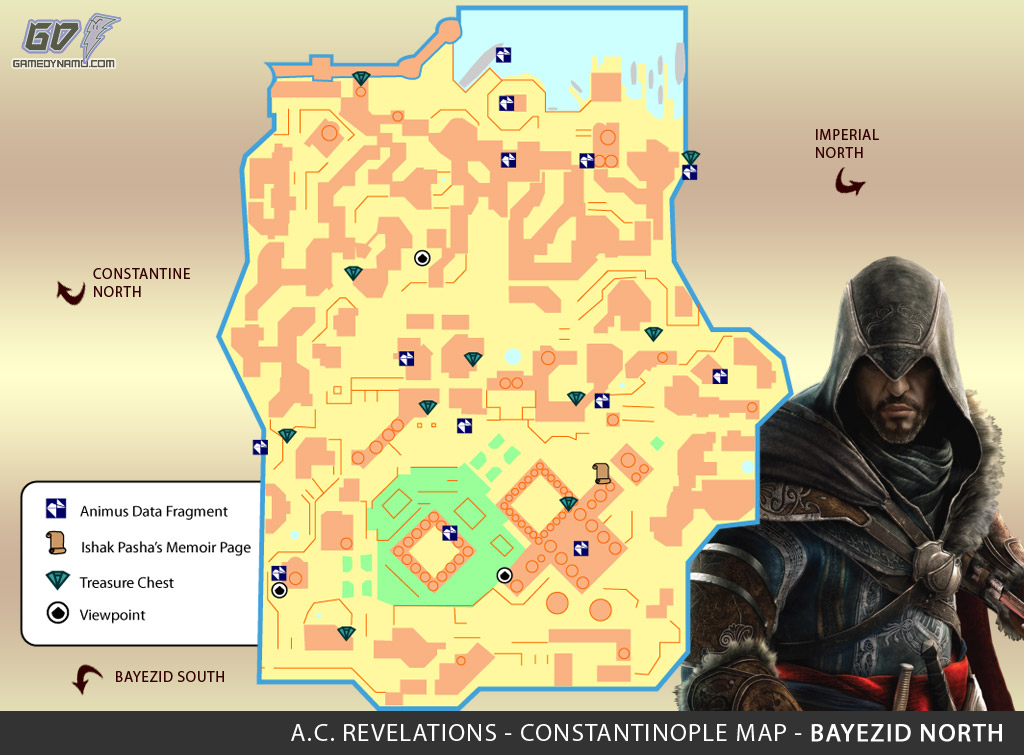 Assassin's Creed: Revelations Map (Bayezid North) - Animus Data Fragments, Memoir Pages, Treasure Chest Locations