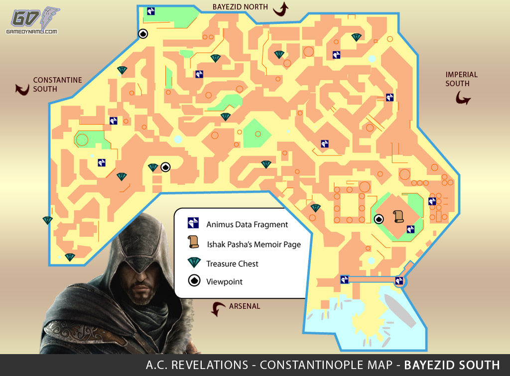Assassin's Creed: Revelations Map (Bayezid South) - Animus Data Fragments, Memoir Pages, Treasure Chest Locations
