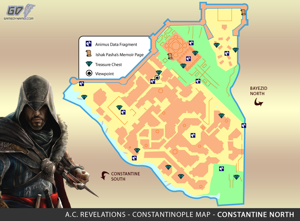 Assassin's Creed: Revelations Map (Constantine North) - Animus Data Fragments, Memoir Pages, Treasure Chest Locations
