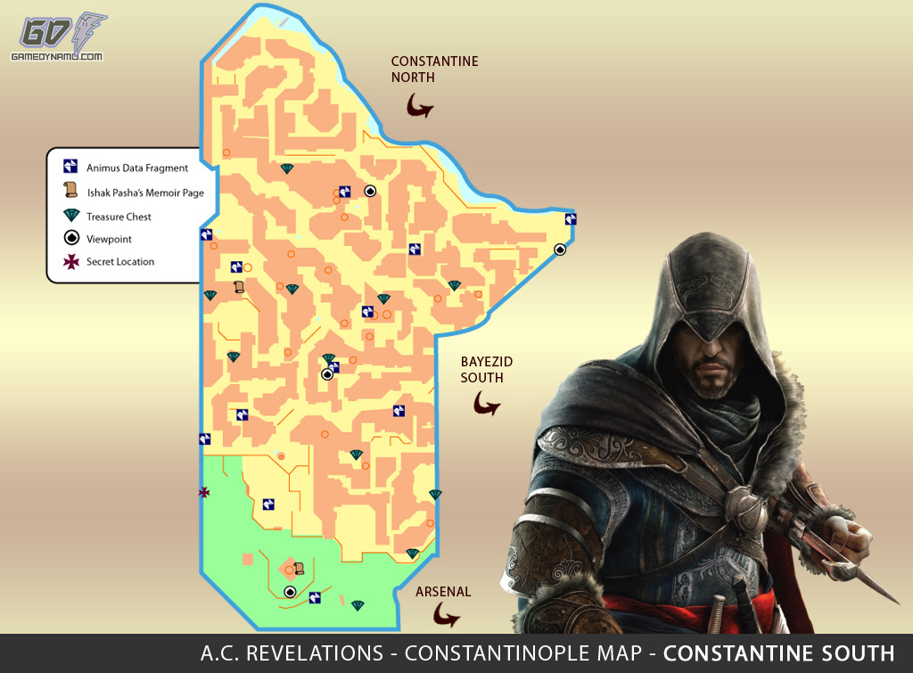 Assassin's Creed: Revelations Map (Constantine South) - Animus Data Fragments, Memoir Pages, Treasure Chest Locations