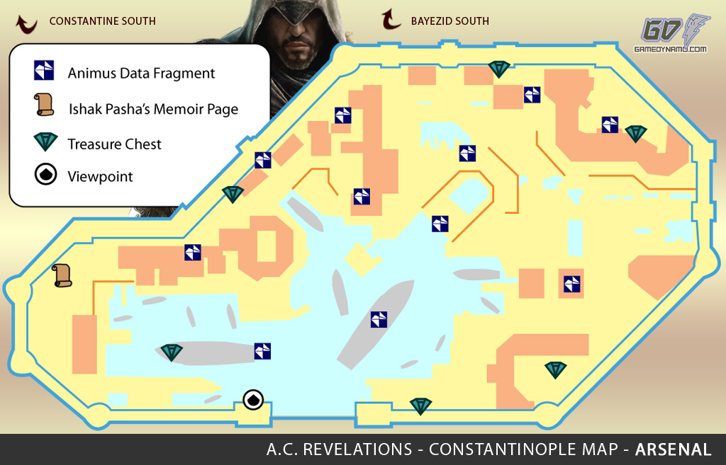 Assassin's Creed: Revelations Map (Arsenal) - Animus Data Fragments, Memoir Pages, Treasure Chest Locations