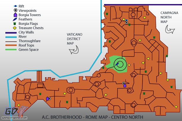 Assassin's Creed: Brotherhood - Centro North Map - flag, treasure, feather, rifts, tower, and lair locations