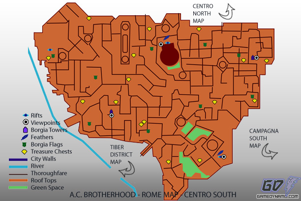 Assassin's Creed: Brotherhood - Centro South Map - flag, treasure, feather, rifts, tower, and lair locations