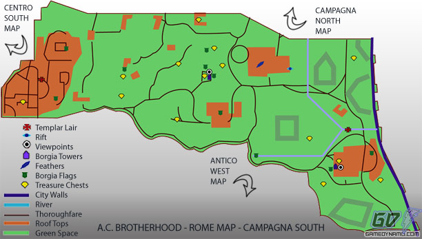 Assassin's Creed: Brotherhood - Campagna South Map - flag, treasure, feather, rifts, tower, and lair locations