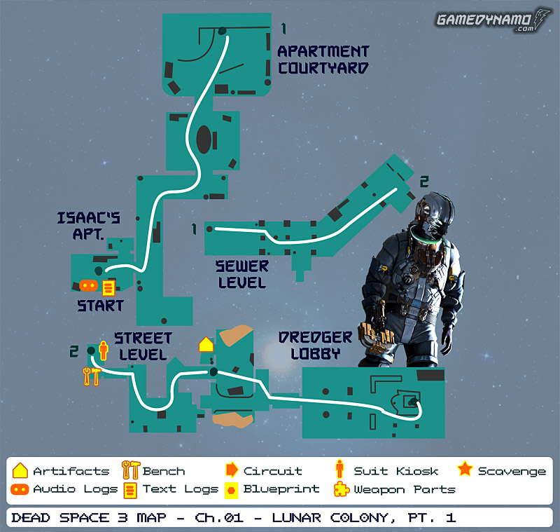 Dead Space 3 Maps: Artifacts, Text & Audio Logs, Weapon Parts, Blueprints, Circuits - Chapter 1: Lunar Colony (part 1)