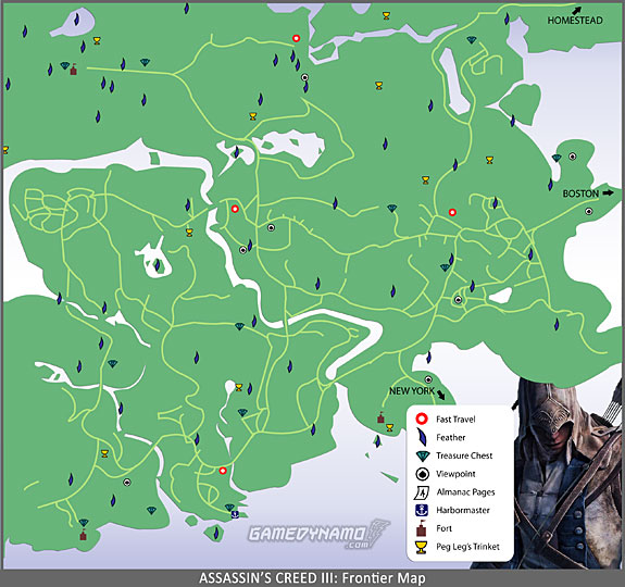 Assassin's Creed III - Frontier Map - Feathers, Viewpoints, Fast Travel, Almanac Pages, Trinkets, Treasure Locations, and more