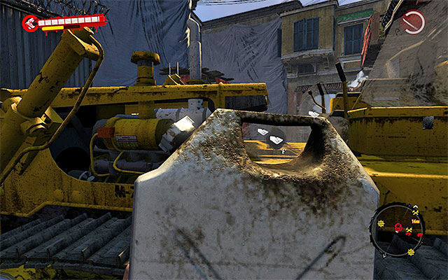 Return to the bulldozer and attach it in one of highlighted places - Attach gasoline canisters to the bulldozer - Chapter 12 - Quarantine Zone - Dead Island Riptide - Game Guide and Walkthrough