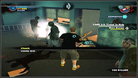 To save the trapped people, pick up the fire extinguisher in the corridor [1] and use it on the flames [2] - Case 1 - p. 2 - Side missions - Dead Rising 2 - Game Guide and Walkthrough