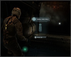 Follow the corridor to the control room and turn left - its a dead end but it contains some credits, and on your way back a Small med pack and the Audio log that you can see shining on the second picture - New Arrivals Part 1 - Chapter 01: New Arrivals - Dead Space - Game Guide and Walkthrough