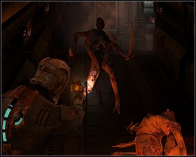 Go straight, turn left and prepare to be attacked by two necromorphs - New Arrivals Part 4 - Chapter 01: New Arrivals - Dead Space - Game Guide and Walkthrough