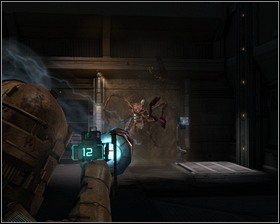 Enter the room and use kinesis on the red barrel to take down the necromorph that attached itself to the wall - Lethal Devotion Part 1 - Chapter 05: Lethal Devotion - Dead Space - Game Guide and Walkthrough