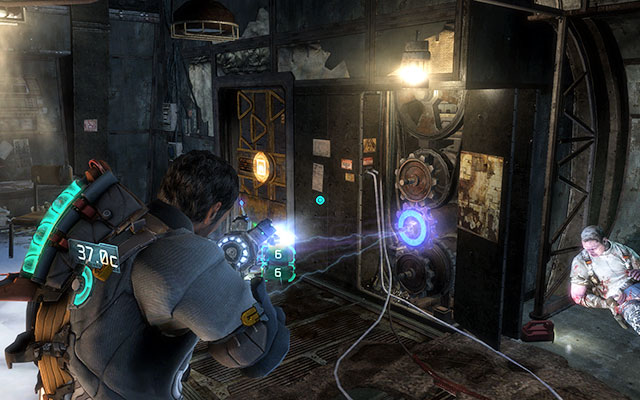 Use kinesis to pick up a one of three gears hanging on the wall to the right and return to the room with a dead ally - Locate a suit kiosk - 9: Onward - Dead Space 3 - Game Guide and Walkthrough