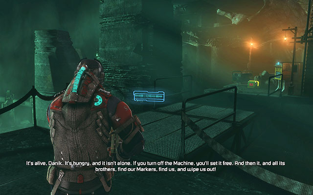 You'll find yourself in the large room with a green light in a distance - Retrieve the Codex from Danik - 17: A Strange City - Dead Space 3 - Game Guide and Walkthrough