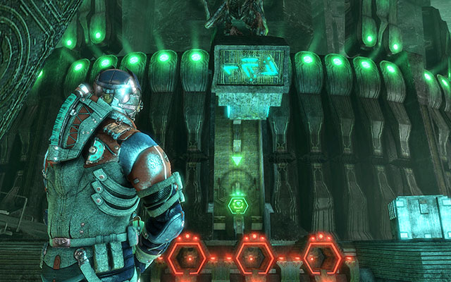 After reaching the room with three empty slots, you'll notice that the statue in front of you went up, thus exposing the power core - Complete the Array Sequence - 18: Kill or Be Killed - Dead Space 3 - Game Guide and Walkthrough