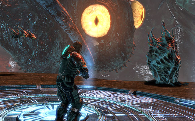 After a short flight you'll stop at the large platform, starting the fight with the last boss in the game - Reach the machine - 19: Endings - Dead Space 3 - Game Guide and Walkthrough