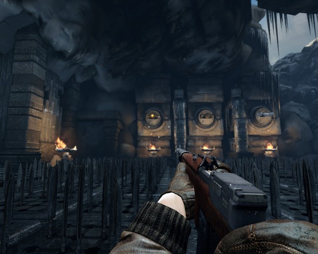 Chamber with spears, shoot the spinning tiles to unlock the way forward. - Arctic Base - Walkthrough - Deadfall Adventures - Game Guide and Walkthrough