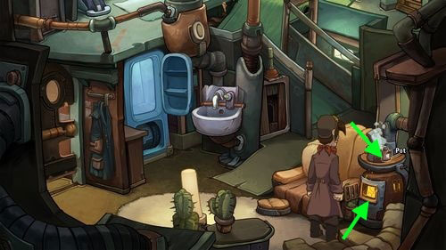 Move to the Oven in the bottom right corner - Pack the suitcase - Part 1 - Kuvaq - Deponia - Game Guide and Walkthrough
