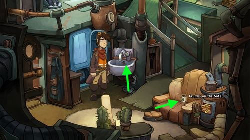 Take a look at sofa - there are some food leftovers but you need some container to collect them - Pack the suitcase - Part 1 - Kuvaq - Deponia - Game Guide and Walkthrough