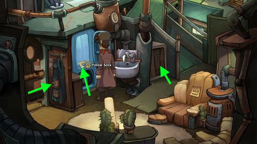 Open the Fridge Door, finding a Yellow Sock inside - Pack the suitcase - Part 1 - Kuvaq - Deponia - Game Guide and Walkthrough