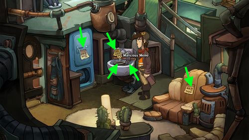 Take another three notes (Malicious Memo, Bitching-Post-it, and Nagging Note) on the Sink, Fridge Door and Sofa, accordingly - Pack the suitcase - Part 1 - Kuvaq - Deponia - Game Guide and Walkthrough