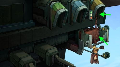 You're in kind of difficult situation - tied in chains and with head down, on the Organons' cruiser - Organons' Cruiser - Part 1 - Kuvaq - Deponia - Game Guide and Walkthrough