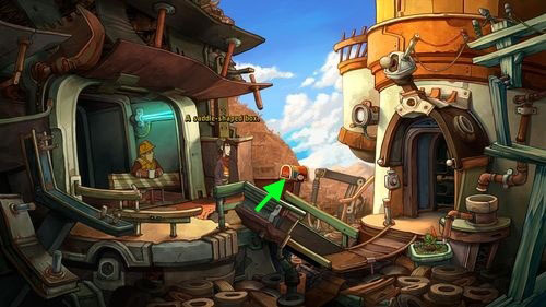 Go down and use the door next to the coat - Prepare the pod - Part 1 - Kuvaq - Deponia - Game Guide and Walkthrough