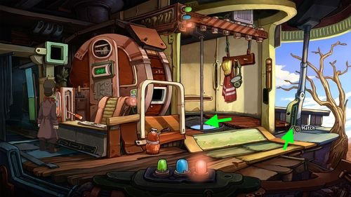 Use Handcuffs on the Hatch (right side of the floor), attaching it to the pole - Find coffee powder ingredients - Part 1 - Kuvaq - Deponia - Game Guide and Walkthrough