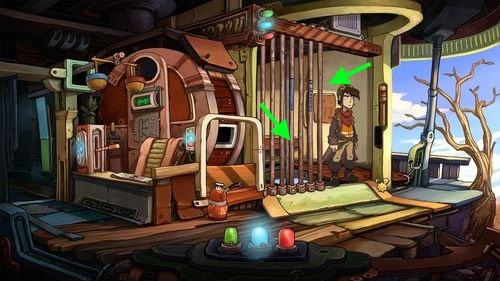 Take the Lock Pick on the bench and use it to open the Cell Grating - Find coffee powder ingredients - Part 1 - Kuvaq - Deponia - Game Guide and Walkthrough