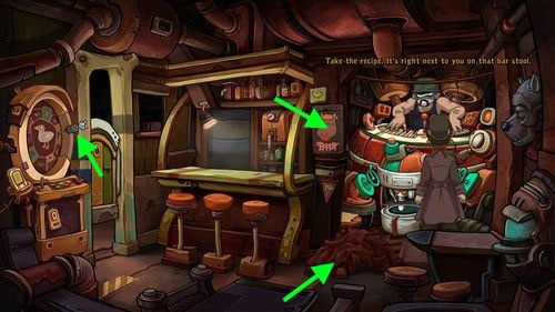 Pick up Red Curtain from the floor, take a Sign from the pole next to bar and take the Dart out of dartboard - Find Goal - Part 1 - Kuvaq - Deponia - Game Guide and Walkthrough