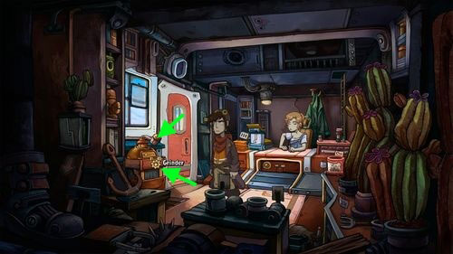 Now go to the Grinder under the window - Find coffee powder ingredients - Part 1 - Kuvaq - Deponia - Game Guide and Walkthrough